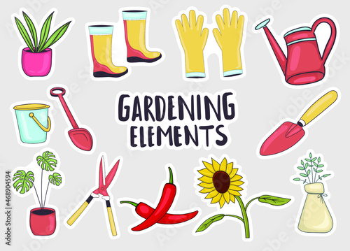 Colorful Hand Drawn Gardening Elements Stickers Collection