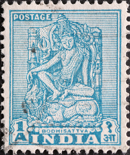 India - circa 1949: a postage stamp from India showing the Enlightened Bodhisattva