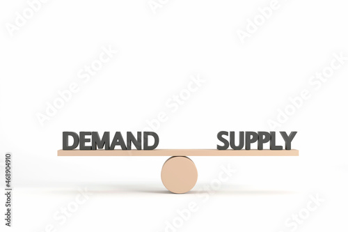 business concept, words demand and supply on wooden seesaw balancing on white background