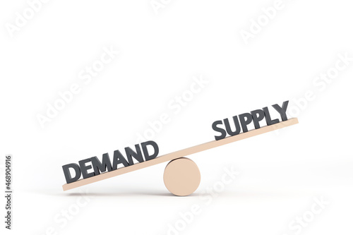 words demand and supply on wooden seesaw unbalancing on white background, business concept, photo