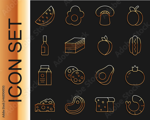 Set line Shrimp, Tomato, Hotdog, Mushroom, Piece of cake, Tabasco sauce, Watermelon and Plum fruit icon. Vector