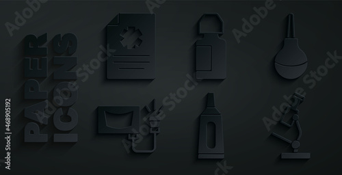 Set Ointment cream tube medicine, Enema, Ultrasound, Microscope, Eye drop bottle and Clinical record icon. Vector