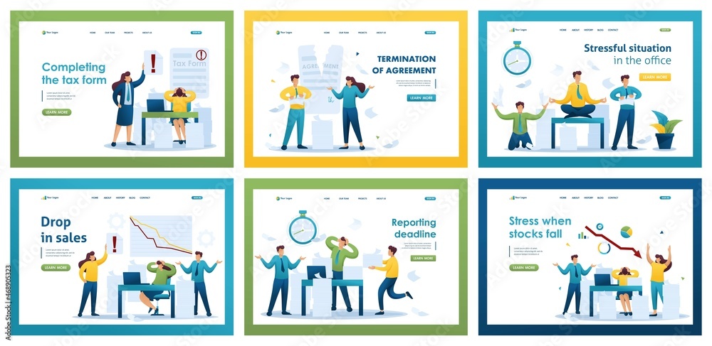 Collection of landing pages. Depression, contract termination, stressful office environment, tax reports. 2D characters