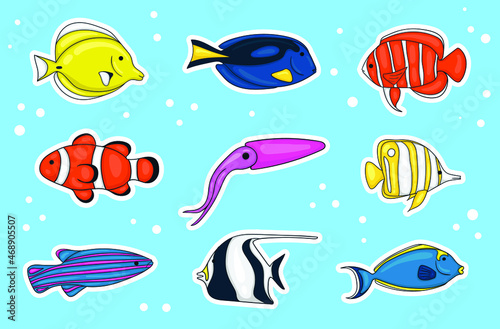 Colorful Hand drawn Sea Animals Stickers Collection © Bara_Studio