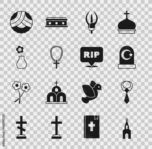 Set Church building, Tie, Muslim cemetery, Lily flower, Christian cross on chain, Flower vase, Memorial wreath and Speech bubble rip death icon. Vector