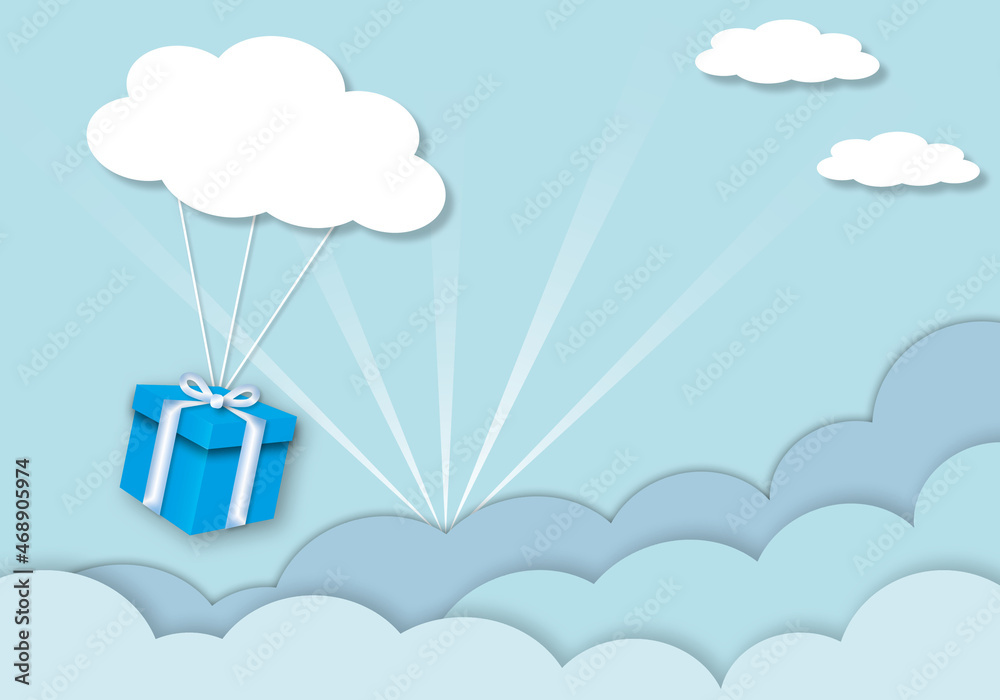 Blue gift with cloud and sunlight on sky background, pastel backdrops, greeting design, illustration for greeting card of birthday or valentine and wedding, Love concept, paper art design style.