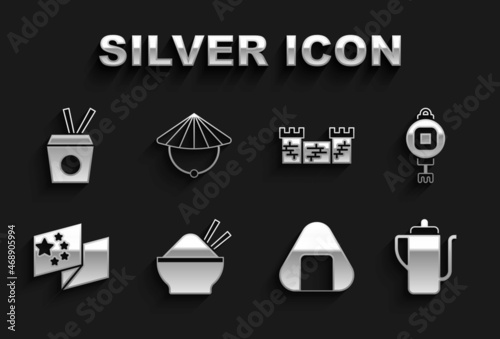 Set Rice in bowl with chopstick, Chinese paper lantern, tea ceremony, Sushi, China flag, Great wall of, Noodles box and chopsticks and conical straw hat icon. Vector