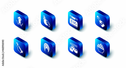 Set Scallop sea shell, Cutting board and knife, Soy sauce bottle, Caviar, Sushi, Fish steak, Fishing harpoon and Octopus icon. Vector