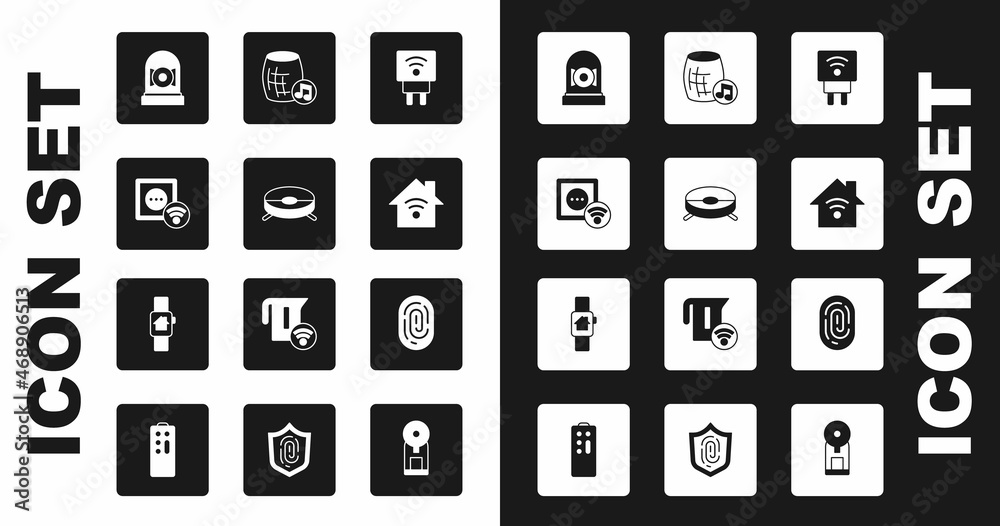 Set Smart electric plug, Robot vacuum cleaner, electrical outlet, Ringing alarm bell, home with wi-fi, Voice assistant, Fingerprint and smart watch icon. Vector Set Smart electric plug, Robot vacuum cleaner, electrical outlet, Ringing alarm bell, home with wi-fi, Voice assistant, Fingerprint and smart watch icon. Vector