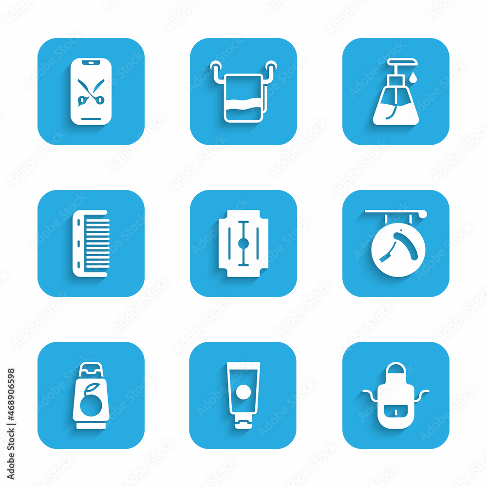 Set Blade razor, Cream cosmetic tube, Barber apron, Barbershop with, Bottle of shampoo, Hairbrush, and online service platform icon. Vector Set Blade razor, Cream cosmetic tube, Barber apron, Barbershop with, Bottle of shampoo, Hairbrush, and online service platform icon. Vector