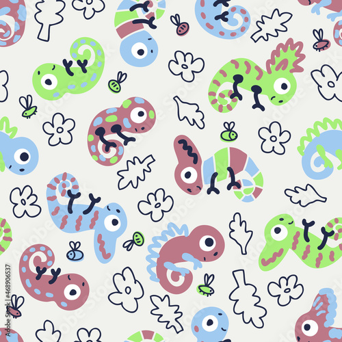 Doodle chameleons in exotic nature seamless pattern. Perfect for T-shirt, fabric, textile and print. Hand drawn vector illustration for decor and design. 