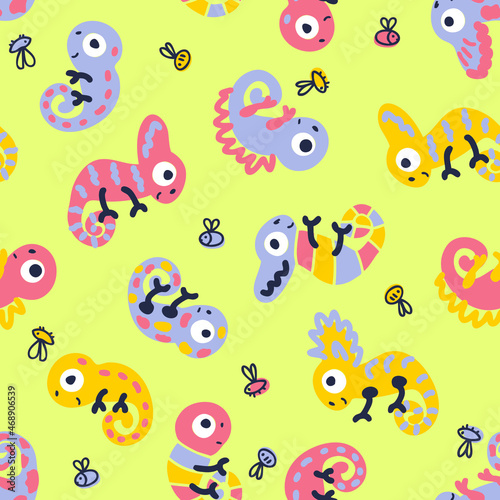 Hand drawn seamless pattern with chameleons and flies. Perfect for T-shirt, fabric, textile and print. Doodle vector illustration for decor and design. 