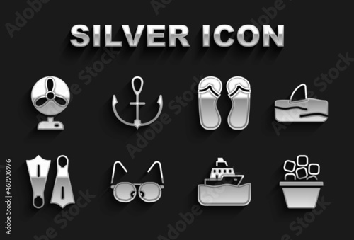 Set Glasses, Shark fin in ocean wave, Ice bucket, Cruise ship, Rubber flippers for swimming, Flip flops, Electric fan and Anchor icon. Vector