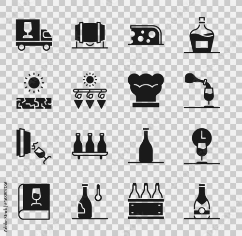 Set Champagne bottle, Wine time, tasting, degustation, Cheese, Drying grapes, Drought, truck and Chef hat icon. Vector