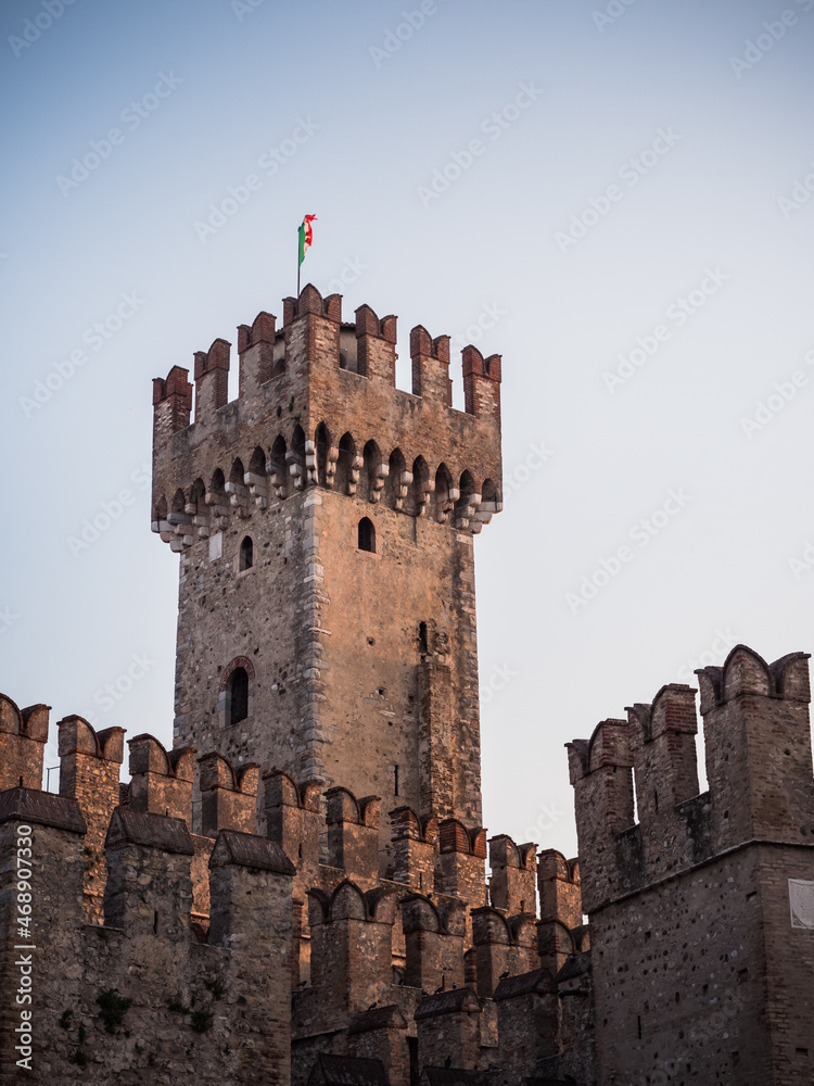 Sirmione Scaliger Castle Tower or Main Keep with the Flag of Italy
