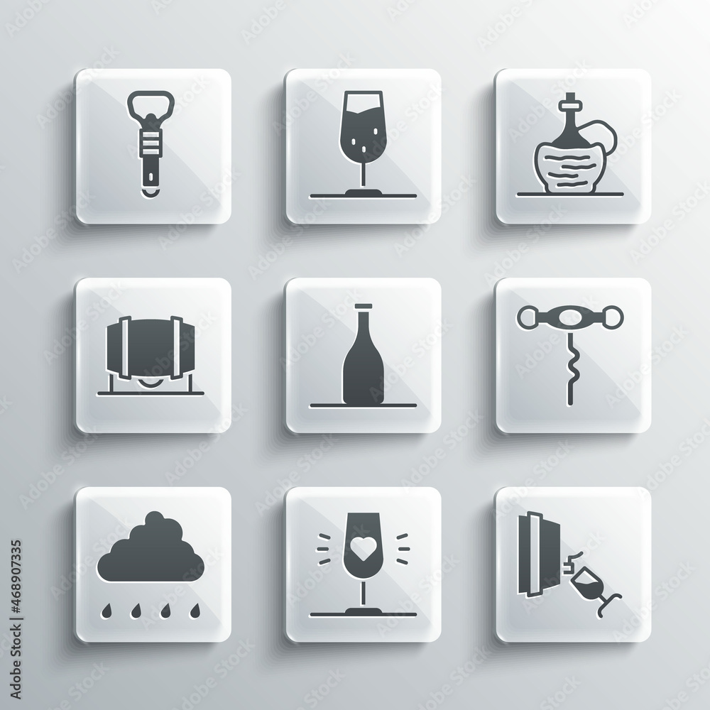 Set Wine glass, tasting, degustation, corkscrew, Bottle of wine, Cloud with rain, Wooden barrel for, opener and italian fiasco bottle icon. Vector Set Wine glass, tasting, degustation, corkscrew, Bottle of wine, Cloud with rain, Wooden barrel for, opener and italian fiasco bottle icon. Vector