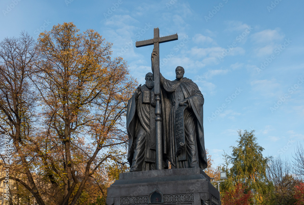 Monument to Cyril and Methodius in Moscow close-up