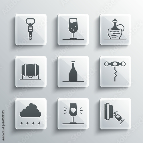 Set Wine glass, tasting, degustation, corkscrew, Bottle of wine, Cloud with rain, Wooden barrel for, opener and italian fiasco bottle icon. Vector