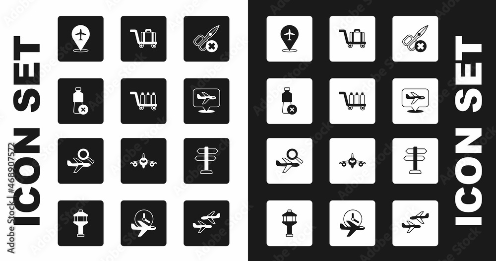 Set No scissors, Trolley baggage, water bottle, Plane, Road traffic sign and Airplane search icon. Vector Set No scissors, Trolley baggage, water bottle, Plane, Road traffic sign and Airplane search icon. Vector