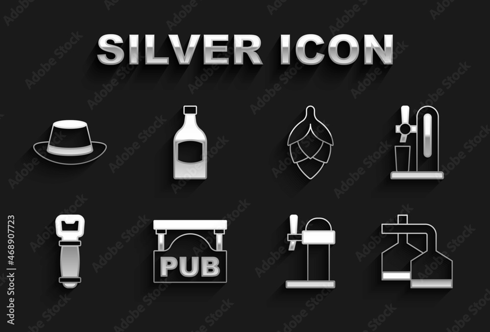 Set Street signboard with Pub, Beer tap glass, brewing process, Dispenser beer, Bottle opener, Hop, Oktoberfest hat and bottle icon. Vector Set Street signboard with Pub, Beer tap glass, brewing process, Dispenser beer, Bottle opener, Hop, Oktoberfest hat and bottle icon. Vector