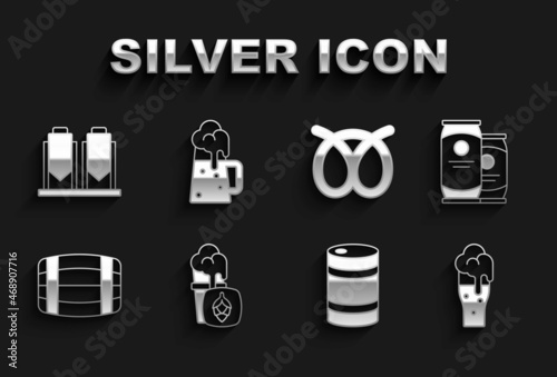 Set Glass of beer, Beer can, Metal keg, Wooden barrel, Pretzel, brewing process and mug icon. Vector