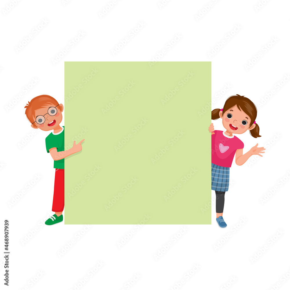 Little boy and girl standing behind empty banner peeking and pointing finger over board. Little boy and girl standing behind empty banner peeking and pointing finger over board.