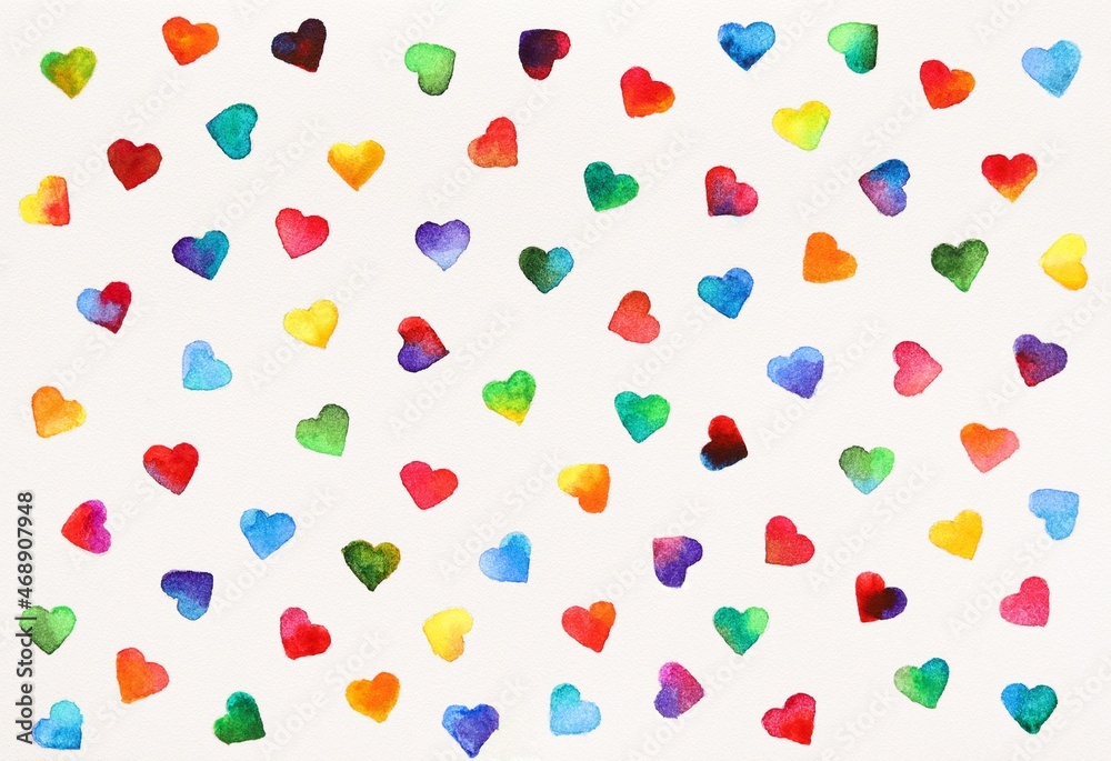 Watercolor hearts background, different colors, on white. Colorful hearts abstract pattern.