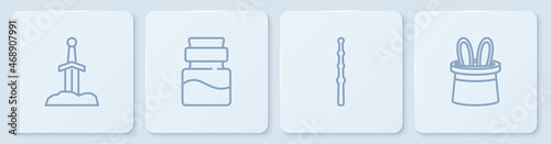 Set line Sword in the stone, Magic wand, Bottle with potion and Magician hat rabbit ears. White square button. Vector