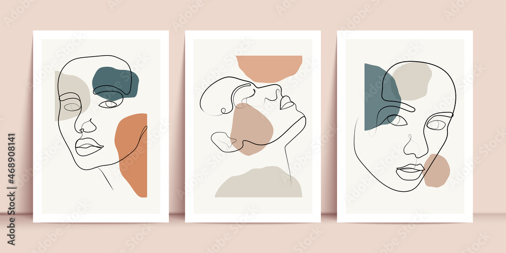 Woman One Line Drawing Prints Set. Female Face Creative Contemporary Abstract Line Drawing. Beauty Fashion Female Figure. Vector Minimalist Design for Wall Art, Print, Card, Poster.