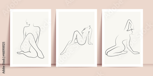 Woman One Line Drawing Prints Set. Female Figure Creative Contemporary Abstract Line Drawing. Beauty Fashion Female Figure. Vector Minimalist Design for Wall Art, Print, Card, Poster.