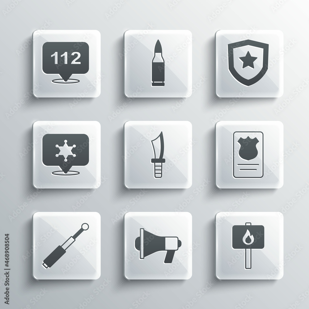 Set Megaphone, Protest, Police badge with id case, Military knife, Telescopic baton, Hexagram sheriff, Telephone call 112 and icon. Vector Set Megaphone, Protest, Police badge with id case, Military knife, Telescopic baton, Hexagram sheriff, Telephone call 112 and icon. Vector