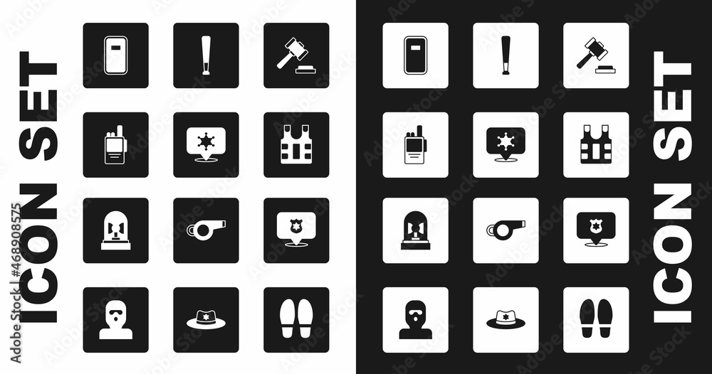 Set Judge gavel, Hexagram sheriff, Walkie talkie, Police assault shield, Bulletproof vest, Baseball bat, badge and Flasher siren icon. Vector Set Judge gavel, Hexagram sheriff, Walkie talkie, Police assault shield, Bulletproof vest, Baseball bat, badge and Flasher siren icon. Vector