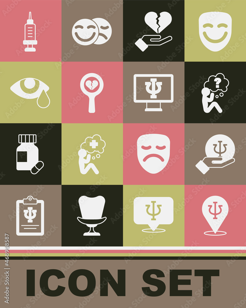Set Psychology, Psi, Head with question mark, Broken heart or divorce, Tear cry eye, Addiction to the drug and Psychologist online icon. Vector Set Psychology, Psi, Head with question mark, Broken heart or divorce, Tear cry eye, Addiction to the drug and Psychologist online icon. Vector