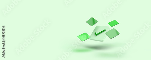 Green check mark icon, okay. 3d rendering of illustrations on the topic of applications, services, verification, payments, computer, smartphone. Green background. photo