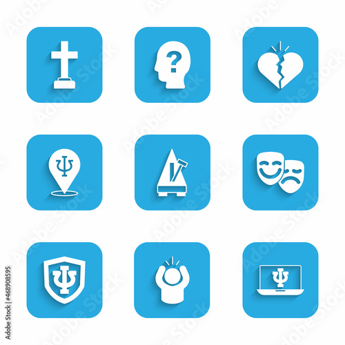 Set Metronome with pendulum, Anger, Psychologist online, Comedy and tragedy masks, Psychology, Psi, Broken heart or divorce and Graves funeral sorrow icon. Vector