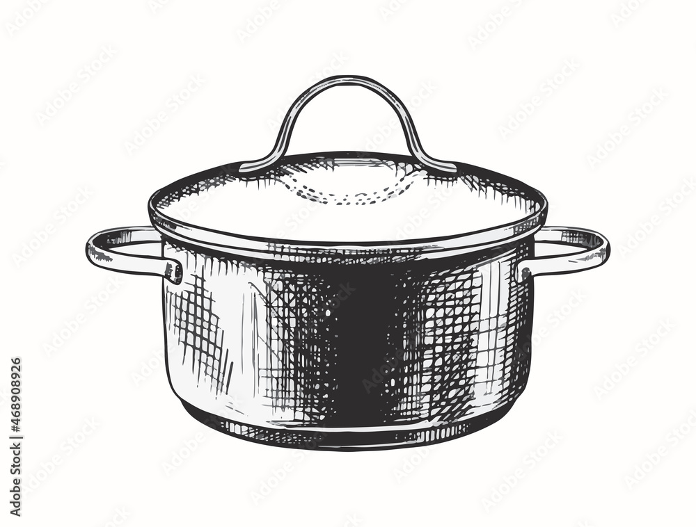 Vector hand drawn icon. Metal pot with lid. Isolated on white background. - obrazy, fototapety, plakaty 