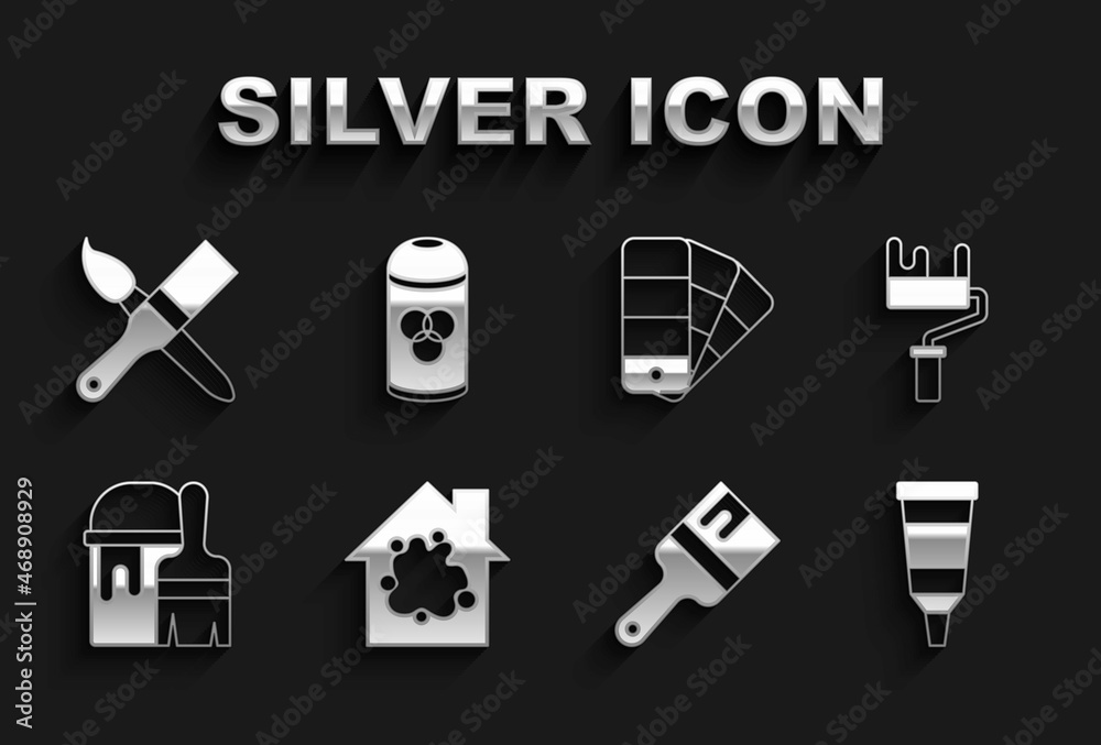 Set Painting the house, roller brush, Tube with paint palette, bucket, Color guide, and spray can icon. Vector Set Painting the house, roller brush, Tube with paint palette, bucket, Color guide, and spray can icon. Vector