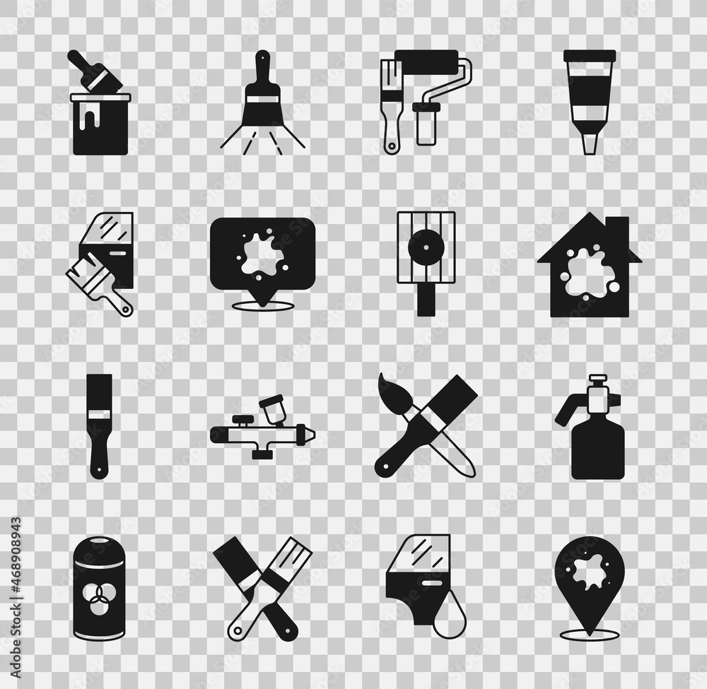 Set Paint spray, gun, Painting the house, roller brush, Car painting, bucket with and Spray can nozzle cap icon. Vector Set Paint spray, gun, Painting the house, roller brush, Car painting, bucket with and Spray can nozzle cap icon. Vector