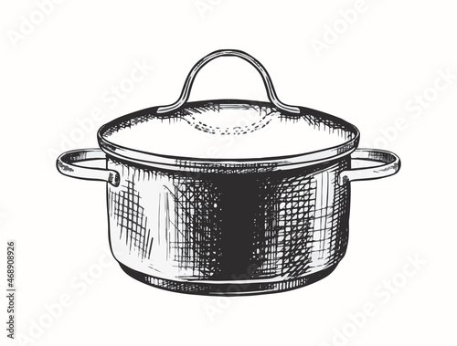 Vector hand drawn icon. Metal pot with lid. Isolated on white background.