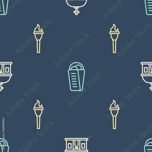 Set line Santorini building, Torch flame and Gyros Pita Greek on seamless pattern. Vector