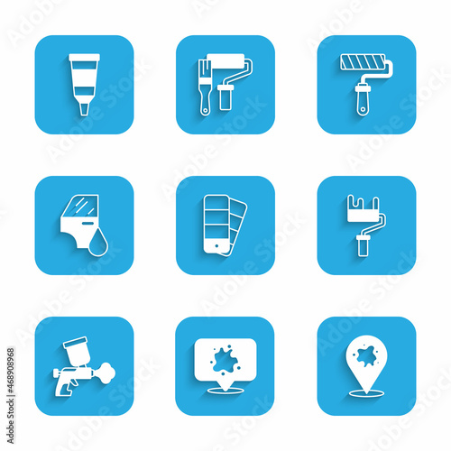 Set Color palette guide, Paint spray, roller brush, gun, Car painting, and Tube with icon. Vector