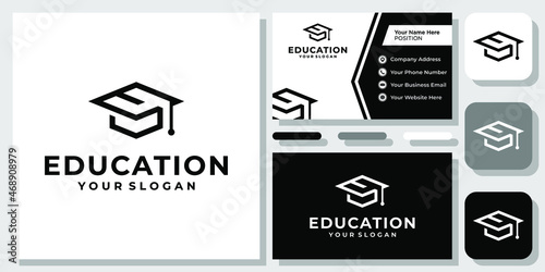 Initial Letter E Graduation Hat Education Study Academy College Logo Design with Business Card Template
