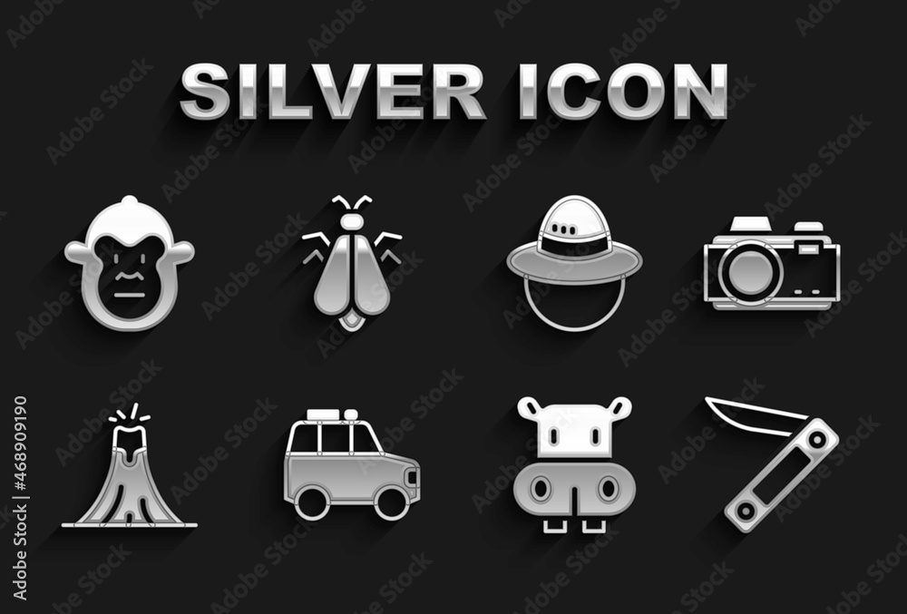 Set Car, Photo camera, Swiss army knife, Hippo or Hippopotamus, Volcano eruption, Camping hat, Monkey and Mosquito icon. Vector Set Car, Photo camera, Swiss army knife, Hippo or Hippopotamus, Volcano eruption, Camping hat, Monkey and Mosquito icon. Vector