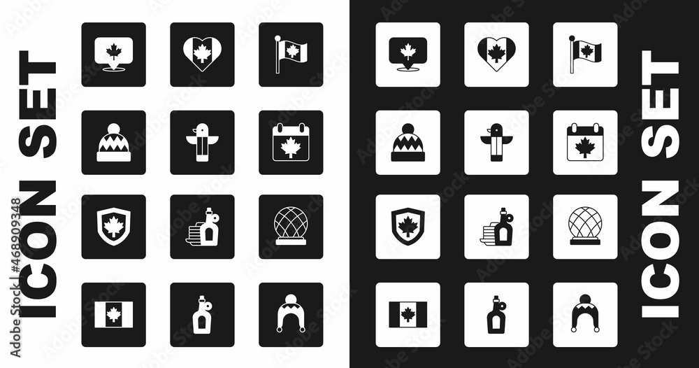 Set Flag of Canada, Canadian totem pole, Beanie hat, maple leaf, day with, Heart shaped flag, Montreal Biosphere and shield icon. Vector Set Flag of Canada, Canadian totem pole, Beanie hat, maple leaf, day with, Heart shaped flag, Montreal Biosphere and shield icon. Vector