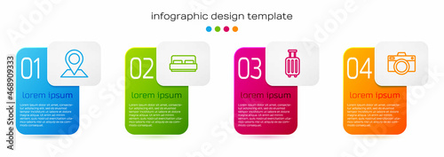 Set line Location, Hotel room bed, Suitcase and Photo camera. Business infographic template. Vector