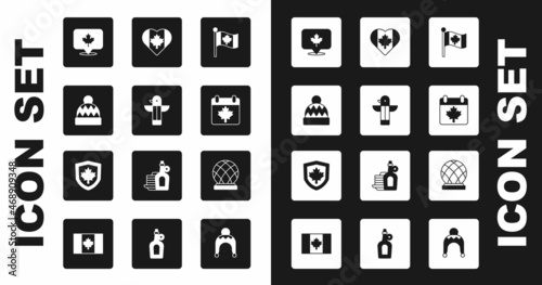 Set Flag of Canada, Canadian totem pole, Beanie hat, maple leaf, day with, Heart shaped flag, Montreal Biosphere and shield icon. Vector