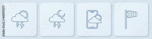 Set line Storm, Weather forecast, and Cone windsock wind vane. White square button. Vector