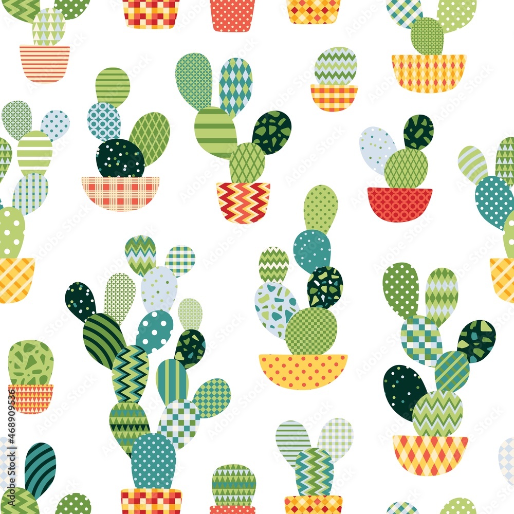 Seamless pattern with cactuses in pots on white background. Colorful vector illustration. Seamless pattern with cactuses in pots on white background. Colorful vector illustration.