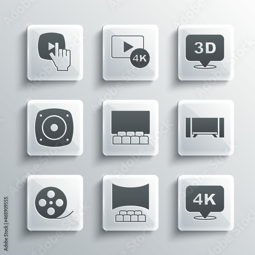 Set Cinema auditorium with screen, 4k Ultra HD, Smart Tv, Film reel, Stereo speaker, Online play video and 3D word icon. Vector