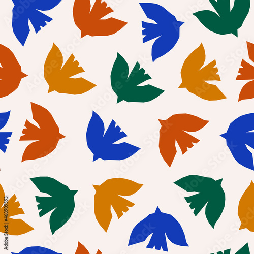 Inspired Matisse seamless pattern with colorful cutting paper birds. Modern creative minimal design. Vector illustration	